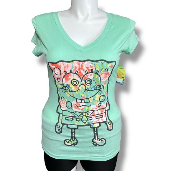 Nickelodeons SpongeBob Square Pants Womens T Shirt Top Green Floral Print XL - Picture 1 of 9